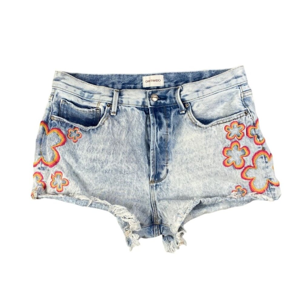 DRIFTWOOD Light Wash Denim Jean Shorts with Orange & Pink Floral Embroidery